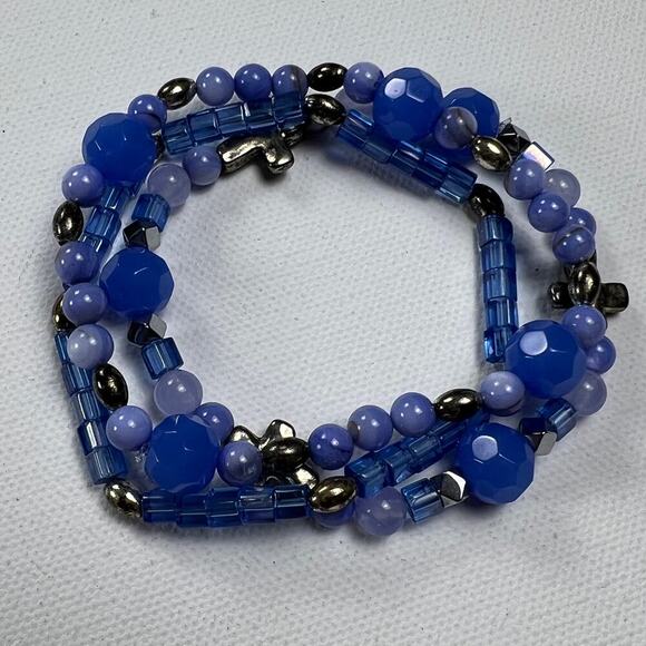 Handmade Beaded Bracelet Trio Periwinkle Blues Silver Cross - Picture 1 of 6